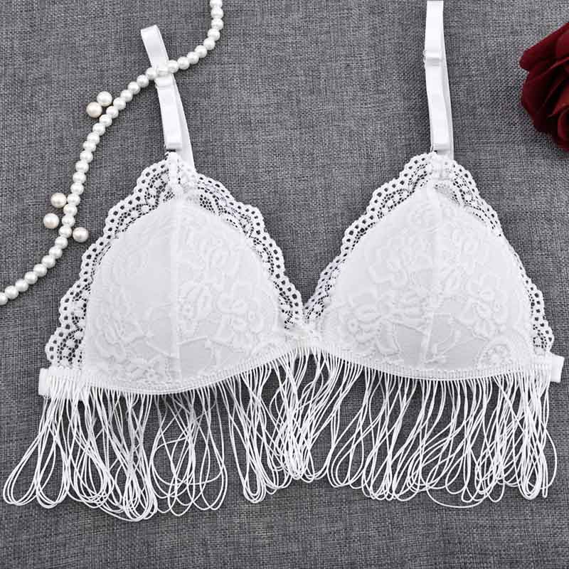 Womens Lace Sheer Floral Bralette Bustier Crop Tops Tassel Triangle